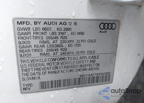 2017 Audi Q7 3.0T Premium from USA, damaged, VIN WA1VAAF71HD041300